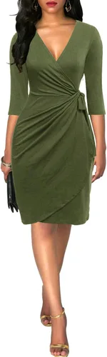 Vista 3 de Berydress - Vestido clásico con manga 34 y cuello en V, para mujer, tipo tubo de estilo cruzado simulado, informal, para fiestas y para ir al