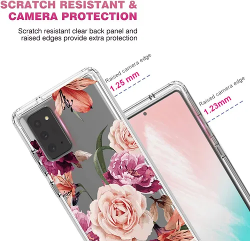 Vista 2 de Funda para Galaxy Note 20 5G, SM-N981U con protector de pantalla de vidrio templado, carcasa de cuerpo completo con diseño floral transparente