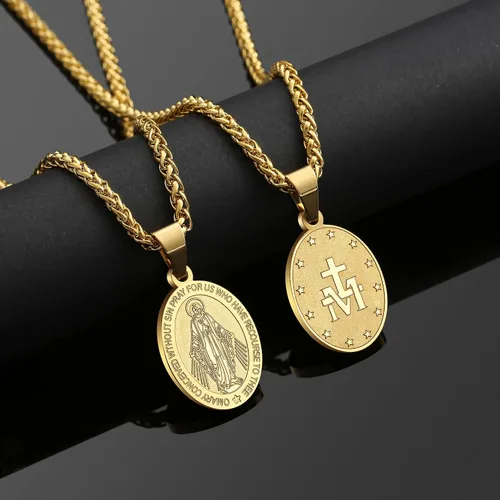 Vista 4 de RS Collar de Virgen María para hombre medalla milagrosa de acero inoxidable colgante de María de la Virgen medallón de María dije de Santa María