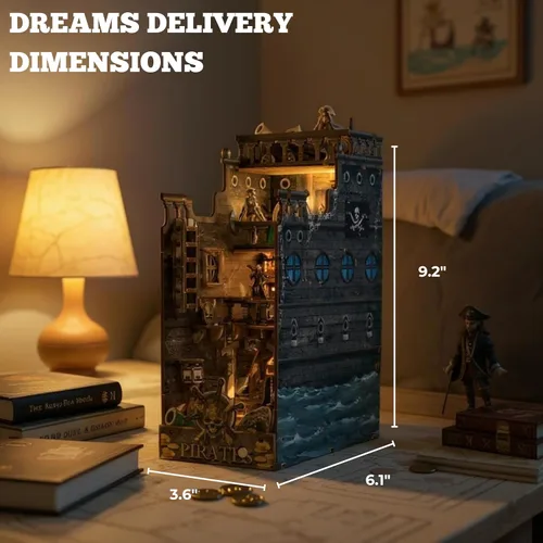Vista 5 de Dreams Delivery - Kit de rincón de libro, barco pirata de 172 piezas, kit de casa en miniatura LED para bricolaje, rompecabezas de madera 3D, kit