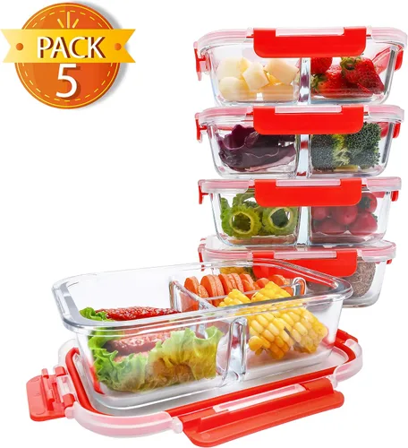 Vista 3 de BlueHills Recipientes de vidrio prémium para preparación de comidas con tapas rojas de cierre a presión, recipientes de alimentos de vidrio sin BPA