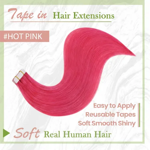 Vista 3 de RUNATURE - Extensiones de cabello humano con cinta color rosa intenso, 12 pulgadas, 0.71 oz, 10 unidades Hot Pink Human Hair Extensions Tape Ins