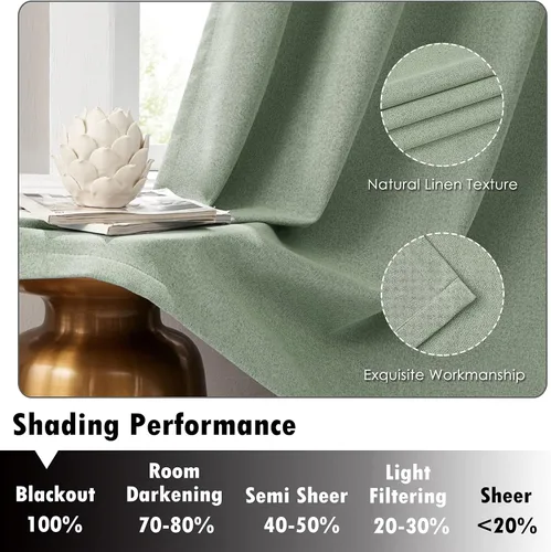 Vista 6 de Melodieux Cortinas opacas de lino verde de 84 pulgadas de largo para dormitorio, sala de estar, arpillera rústica, aislamiento térmico, cortinas