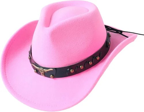 Vista 12 de Jastore Sombrero de vaquero occidental para niños y niñas, clásico vaquero con cinturón de hebilla Beige