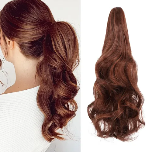 Vista 34 de Felendy Extensión de cola de caballo de 18 pulgadas, mezcla de rubio ceniza, marrón oscuro, rizado, ondulado, con clip, extensiones de cabello largo