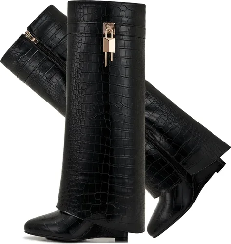 Vista 25 de Botas plegables puntiagudas con tacón de cuña para mujer, botas hasta la rodilla con diseño de candado y cremallera lateral Beige
