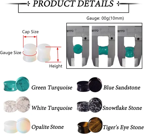 Vista 5 de Qmcandy - Juego de 6 pares / 16 pares de dilatadores para las orejas, de piedra mixta, expansores, conjunto de perforación corporal calibre 8G a 3/4