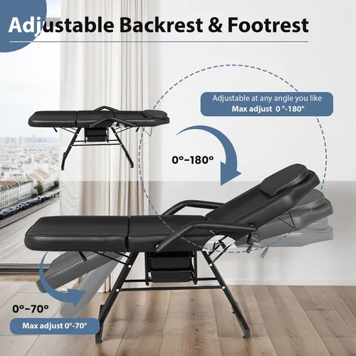 Vista 8 de Bigbiglife Cama de tatuaje de salón de masaje con cesta de belleza, cama de masaje profesional de 3 pliegues de altura ajustable para spa salón