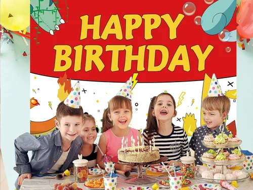 Vista 2 de Telón de fondo de dibujos animados de cumpleaños de 5.9 x 3.6 pies, fondos de fotografía rojos y blancos para niños, suministros de fiesta de feliz