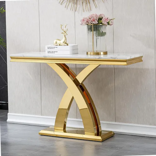 Vista 21 de Mesa auxiliar de mármol de 47 pulgadas, moderna mesa central de mármol sintético blanco con base de espejo dorado en forma de diamante, mesa Blanco