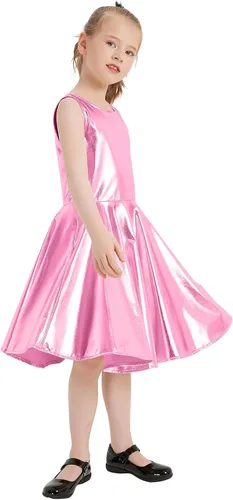 Vista 8 de Vestido metálico brillante para niñas, vestidos plisados acampanados con lentes de sol, ropa de baile para fiesta, disfraces