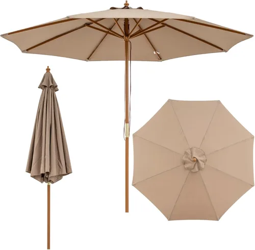 Vista 15 de HAPPYGRILL Sombrilla de patio de 9 pies, sombrilla de mercado para mesa al aire libre con 8 varillas de bambú resistentes, poste de madera, toldo