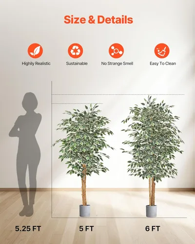 Vista 2 de VEVOR Árbol de ficus artificial de 5 pies con maceta negra, planta alta de ficus sintético con tronco de madera natural y hojas verdes realistas