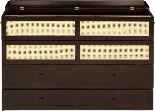 Vista 9 de Cama Murphy de tamaño queen, cama de madera de pino con decoración y cajón de ratán, color espresso