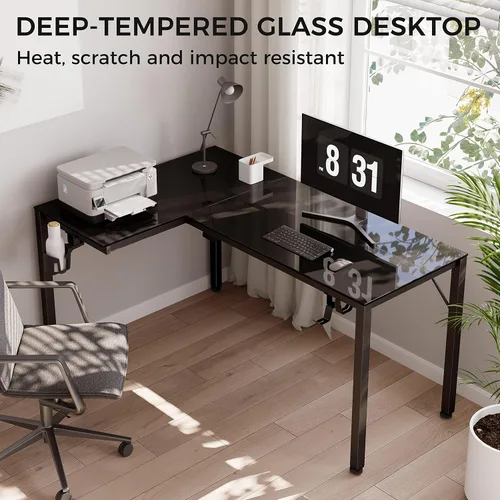 Vista 8 de EUREKA ERGONOMIC Escritorio de Juegos en Forma de L Reversible de 60 Pulgadas de Vidrio Negro con Luces LED RGB, Mesa de Computadora para Oficina