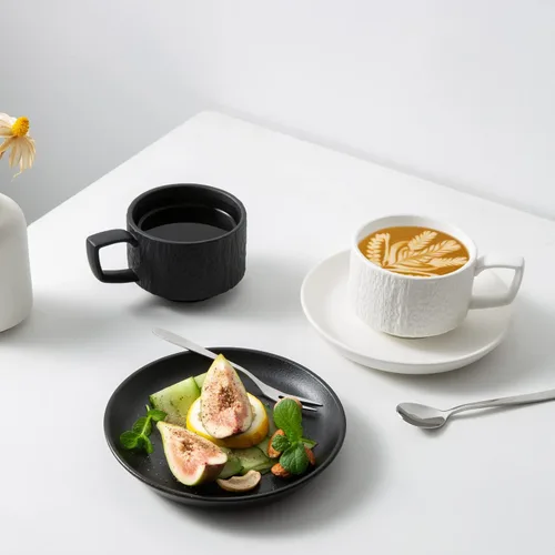 Vista 6 de Rock Texture - Juego de té de café de cerámica en relieve, espresso capuchino, taza y platillo de cerámica novedosa para amigos, mujeres, hombres
