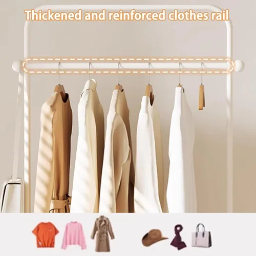 Vista 6 de Perchero giratorio de 360°, perchero de metal para ropa, con ruedas y cesta de almacenamiento de gran capacidad, perchero para colgar ropa