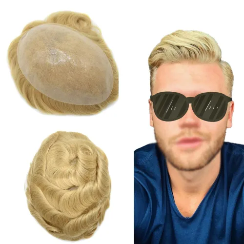 Vista 44 de Toupee para los hombres pelo humano real poli piel hombres piezas de pelo sistema de reemplazo de pelo para hombres tupé postizo para hombres PU