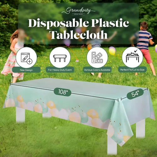 Vista 2 de Grandipity Mantel de plástico desechable de calidad prémium para fiestas con temática de globos de cumpleaños, 1 paquete, 54 x 108 pulgadas, mantel