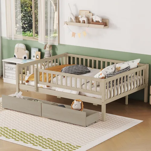 Vista 13 de Harper & Bright Designs Sofá cama de tamaño individual con dos cajones, marco de cama de madera con plataforma individual para niños con Nogal