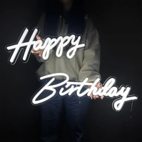 Vista 6 de Letrero de neón de gran tamaño con texto en inglés «Happy Birthday», 2 unidades, letrero luminoso de feliz cumpleaños de 12 V con interruptor