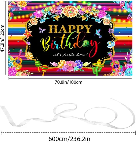 Vista 3 de Fondo de fotografía de fondo de fiesta mexicana para fiesta de cumpleaños feliz cumpleaños suministros de fiesta carnaval banderas coloridas banner