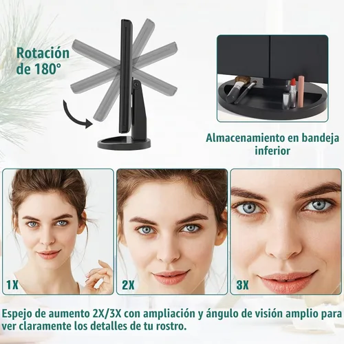 Vista 3 de FASCINATE Espejo de maquillaje iluminado, 21 luces LED brillantes, espejo de tocador tríptico LED con aumento 3x/2x/1x, control táctil de brillo
