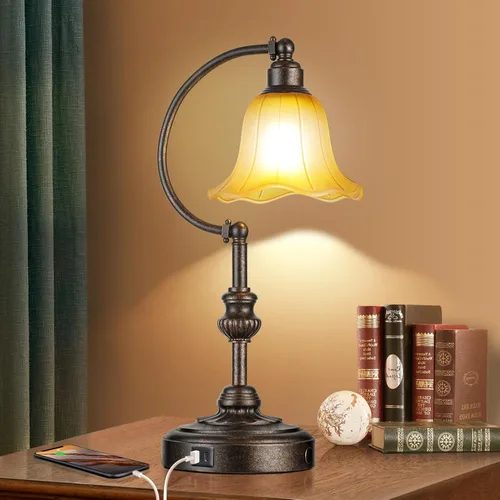 Vista 2 de RORIA Touch Farmhouse - Lámpara de mesa para sala de estar, lámpara de mesa de noche rústica regulable de 3 vías con puertos USB A+C, lámpara retro