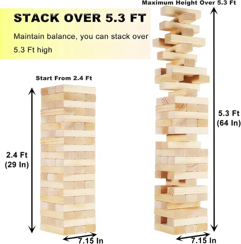 Vista 2 de Juego de torre gigante de 60 piezas, juegos al aire libre para adultos y familias, bloques de madera de alta calidad de 5.3 pies con bolsa