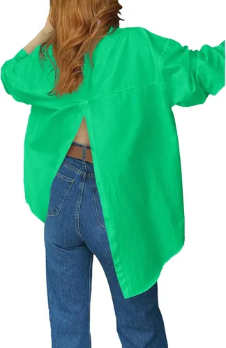 Vista 2 de LYANER Blusa de manga larga con cuello de gran tamaño para mujer, con botones, dobladillo con abertura