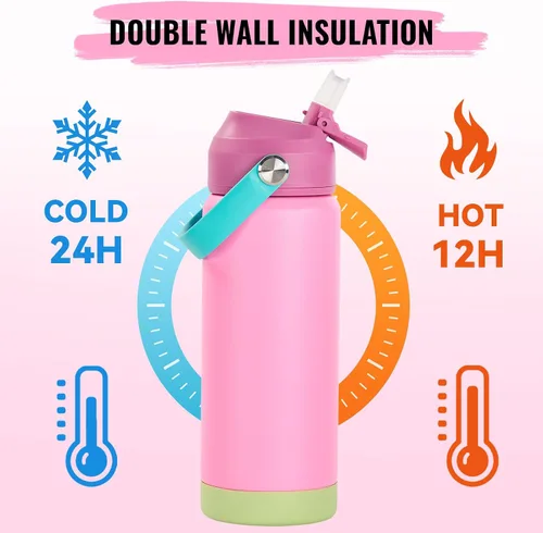 Vista 4 de Fijinhom Botella de agua aislada de acero inoxidable de 18 oz, de boca ancha, de doble pared, con vacío, con pajita de silicona, a prueba de sudor