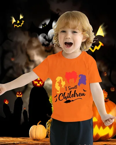 Vista 2 de CM-Kid Halloween Shirt for Toddler Boy Girl Pumpkin Skeleton Dino Short Sleeve Tshirt for Kids Cotton Tops 2-7 Years