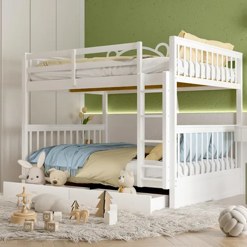 Vista 12 de Merax Litera de madera con dos cajones, litera de madera convertible con escaleras y dos cajones de almacenamiento, marco de cama desmontable