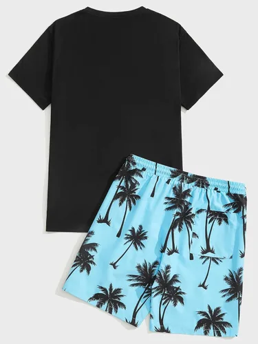 Vista 2 de SOLY HUX Conjunto de 2 piezas para hombre con estampado gráfico de letras, camiseta de manga corta y pantalones cortos con cordón en la cintura
