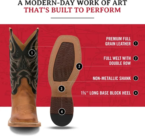 Vista 6 de Justin Caddo - Botas vaqueras de 11 pulgadas para hombre, botas vaqueras duraderas de cuero de grano completo de grano completo, con punta cuadrada