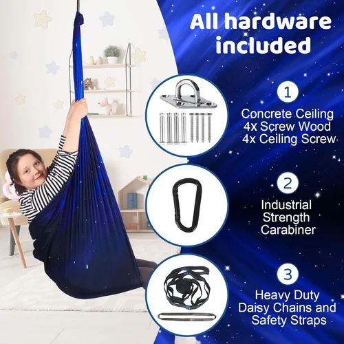 Vista 5 de Columpio sensorial para niños, terapia interior y exterior, hamaca para acurrucarse, con capacidad para hasta 300 libras, con kit de colgador
