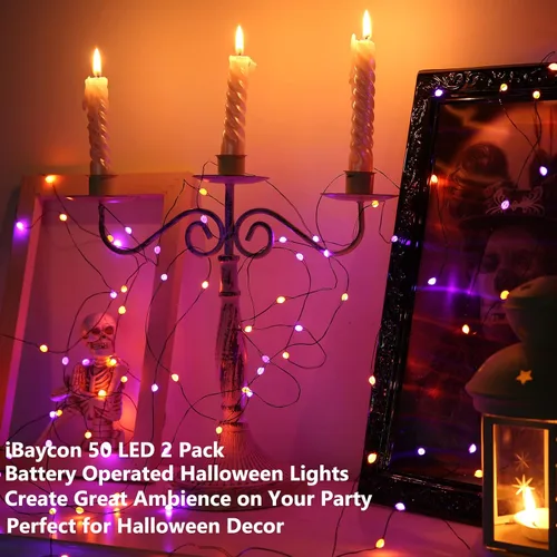 Vista 7 de iBaycon Paquete de 2 50 luces LED de Halloween a batería, 16.4 pies, funciona con pilas, luces de Halloween naranja y morado, impermeables, con 8