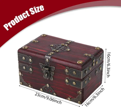 Vista 2 de Pirate Treasure Chest Wooden Box with Lock Rustic Collectible Storage Jewelry Box 9.06x6.30x6.30inch