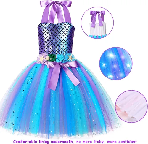 Vista 2 de Disfraz de sirena para niñas, vestido de sirena con luz LED para decoración de cumpleaños, regalos de Halloween