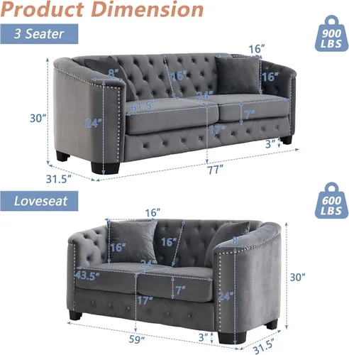 Vista 2 de Juego de sofá de terciopelo Chesterfield de lujo de 2 piezas para sala de estar, muebles de decoración moderna, sofá seccional, sofá de 3 plazas