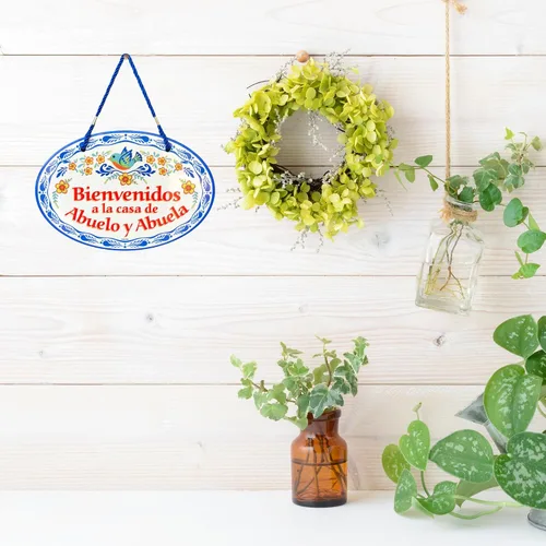 Vista 3 de Oktoberfest Haus - Obra de arte tradicional latina "Bienvenidos a la Casa de Abuelo y Abuela", de cerámica de 8.75 x 6 pulgadas, letrero de puerta