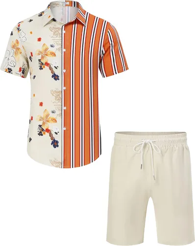 Vista 5 de TURETRENDY Conjunto de 2 piezas de lino para hombre, camisa con botones y pantalones cortos