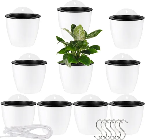 Vista 10 de MOUYAT 6 macetas colgantes de plástico con riego automático, macetas blancas de 7 pulgadas montadas en la pared con ganchos y cuerdas de algodón