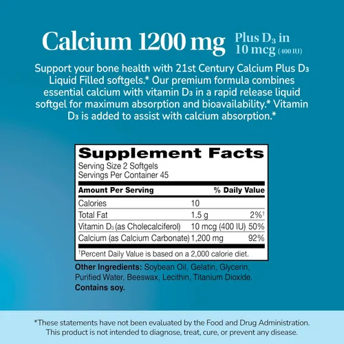 Vista 11 de 21st Century Calcium Plus D3 - Gel blando relleno de líquido, 1200 mg, 90