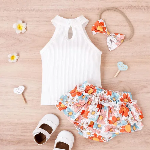 Vista 2 de MLAGJSS Conjunto gráfico de 3 piezas para bebés y niñas, sin mangas, estampado de corazón, camisa + pantalones de moda + diadema