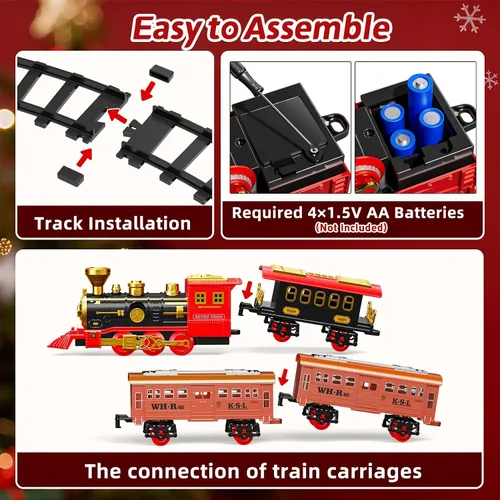 Vista 8 de Juego de tren eléctrico para niños, juguetes de tren de Navidad con humo, luz y sonido, pistas de tren de construcción de bricolaje debajo del árbol