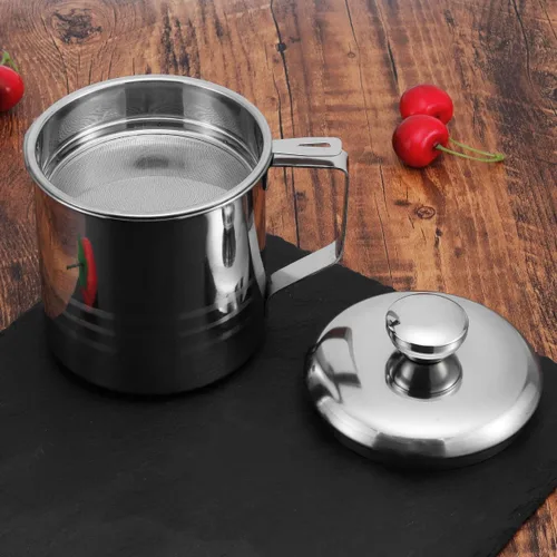 Vista 3 de Contenedor de grasa de tocino de acero inoxidable con pantalla de filtro de malla, 1.2L/5 tazas de aceite de cocina para cocina