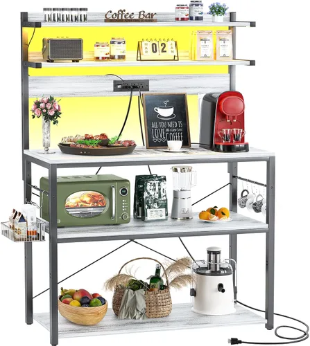 Vista 11 de Aheaplus - Estantería de cocina con toma de corriente, soporte para microondas, estación de café de 5 niveles con luces LED, estante
