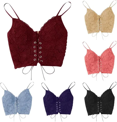 Vista 4 de Sujetador de encaje sexy con tirantes delgados para mujer, sin costuras, cierre trasero, sujetador corto con cremallera