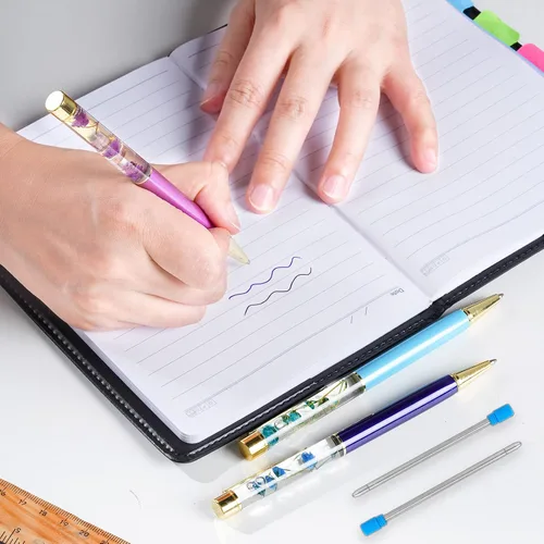Vista 7 de 10 bolígrafos líquidos florales de metal rosa con 10 repuestos adicionales, tinta azul, bolígrafos de colores, bolígrafos recargables, suministros